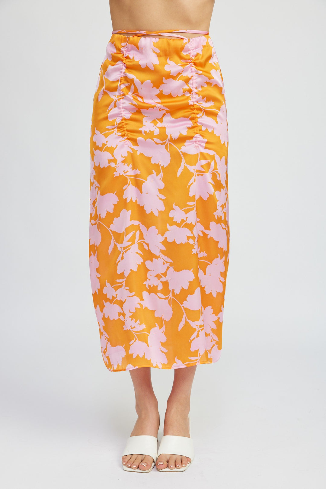 Orange Pink Print Ruched Maxi Skirt With Waist Drawstring