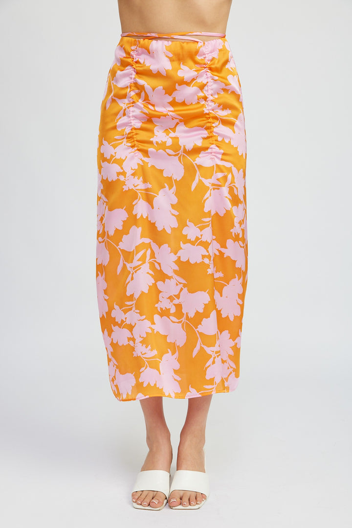 Orange Pink Print Ruched Maxi Skirt With Waist Drawstring