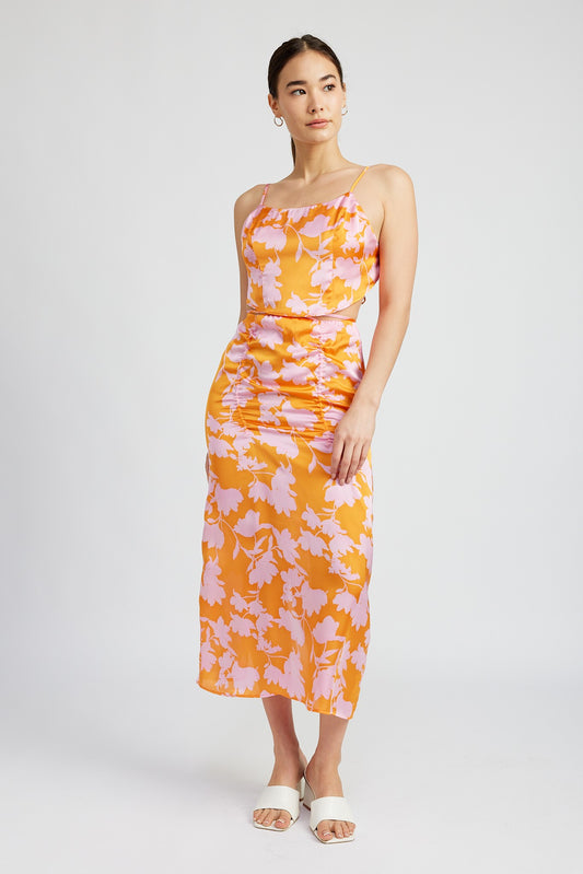 Orange Pink Print Ruched Maxi Skirt With Waist Drawstring