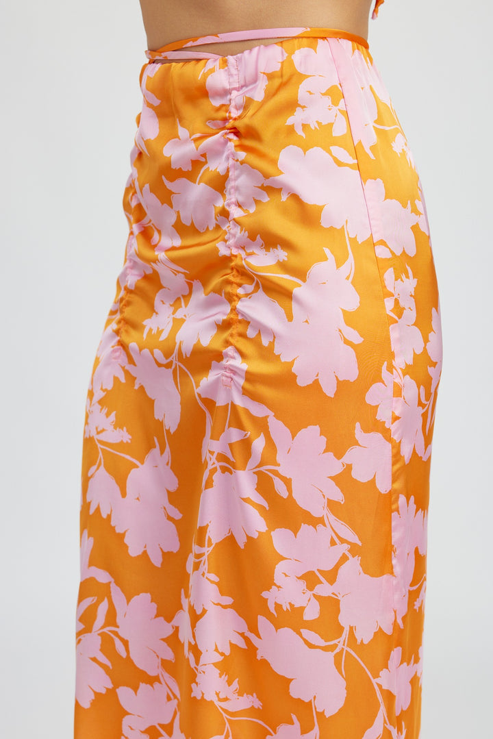 Orange Pink Print Ruched Maxi Skirt With Waist Drawstring
