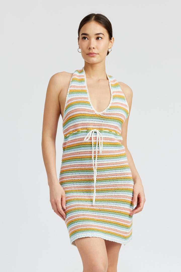 Striped Crochet Mini Dress Wtih Halter Neck