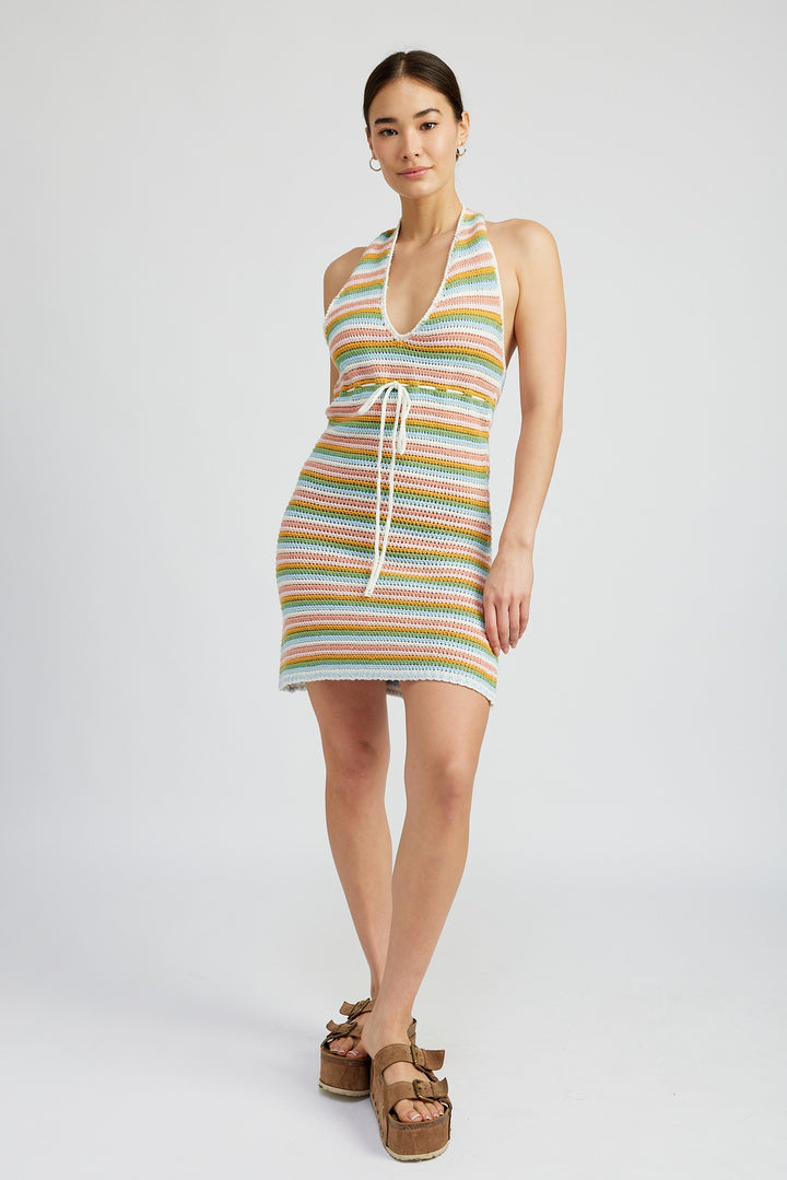Striped Crochet Mini Dress Wtih Halter Neck
