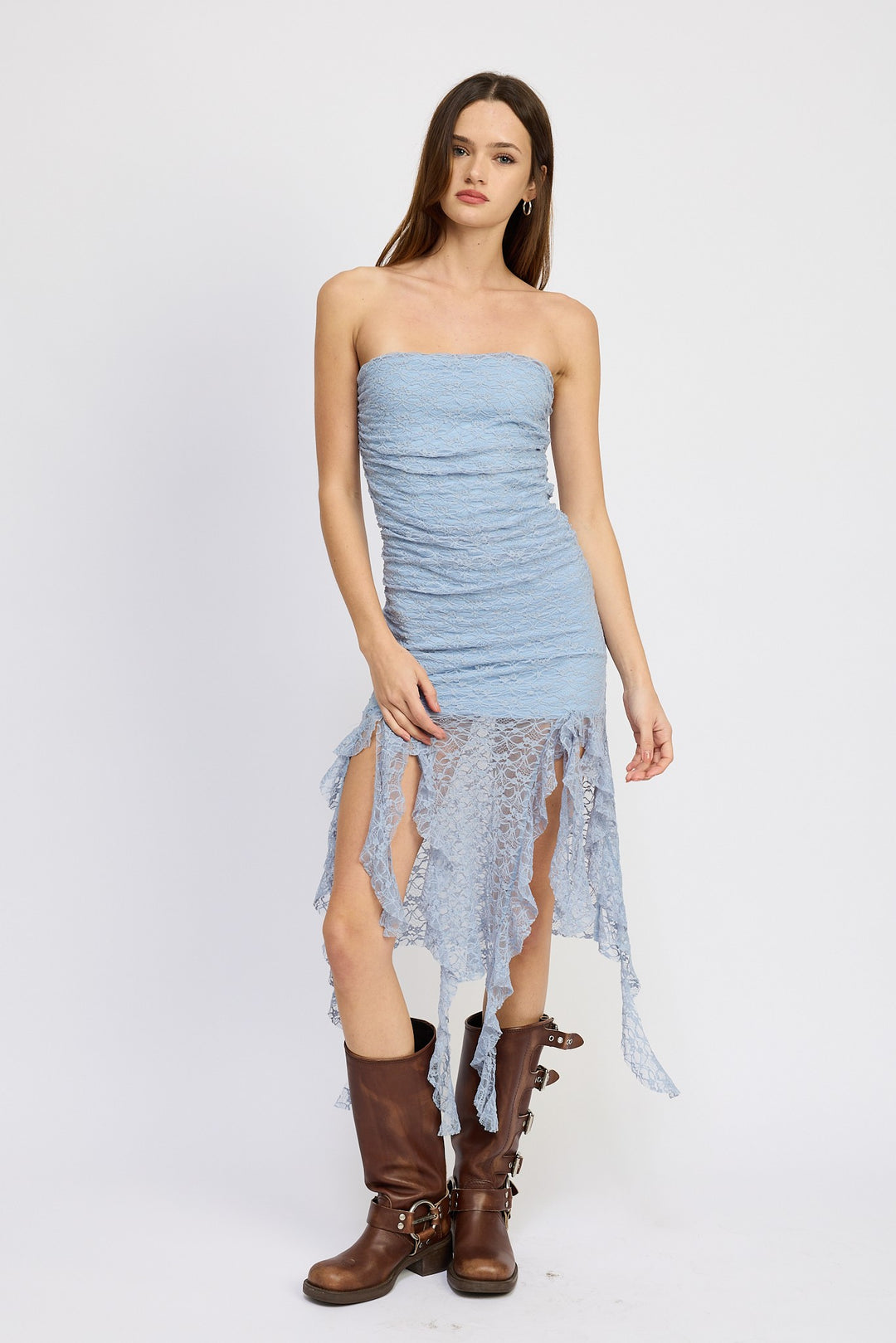 Dusty Blue Lace Tube Dress Wtih Ruffle Detail