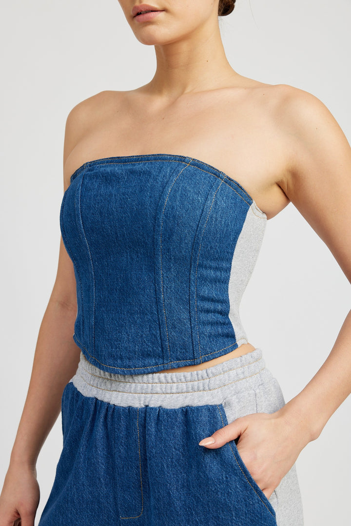 Blue Denim Mixed Media Bustier Top