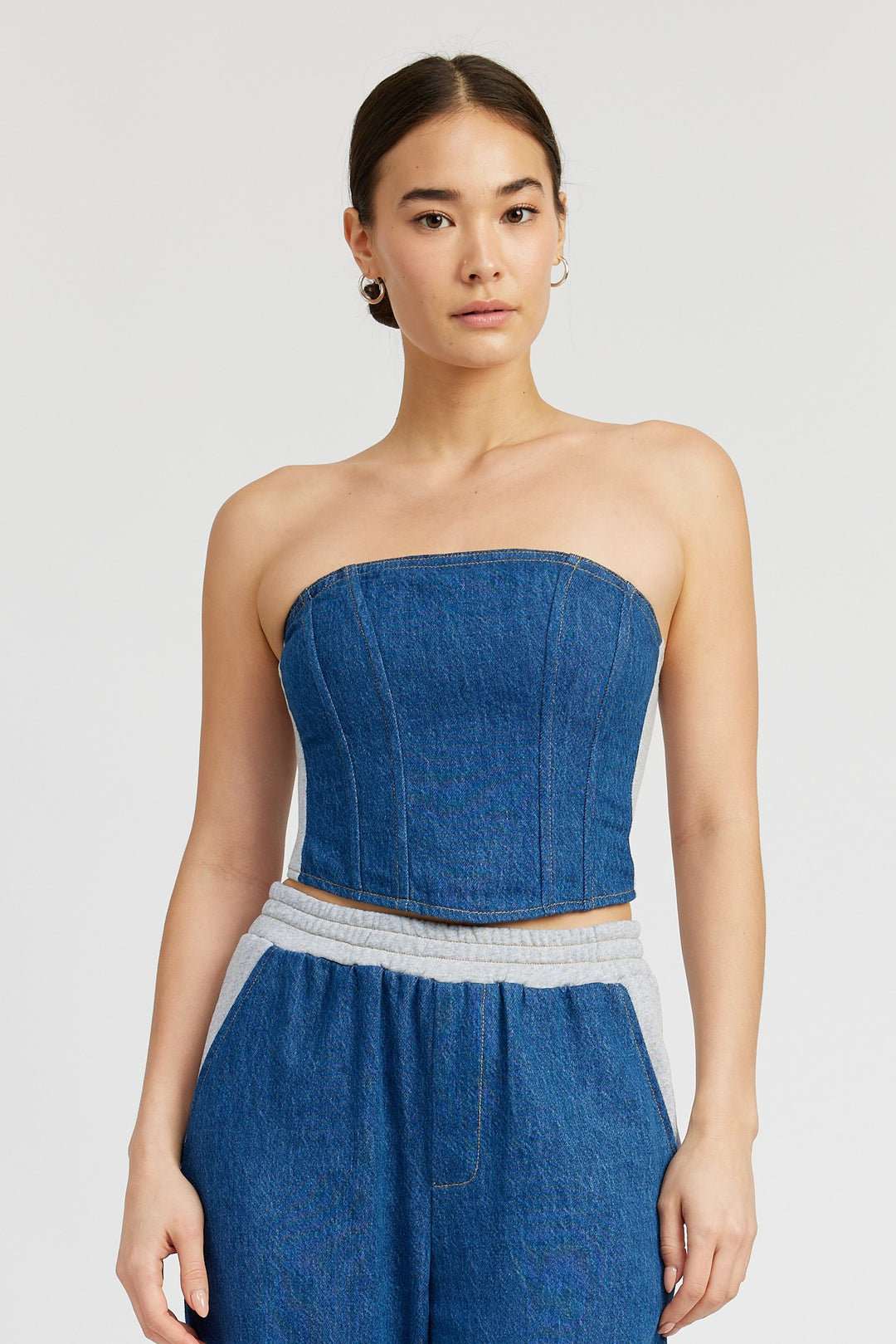 Blue Denim Mixed Media Bustier Top
