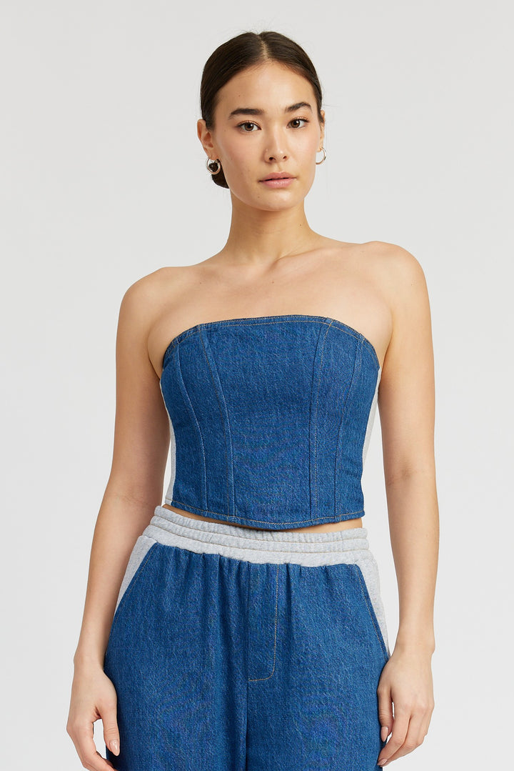 Blue Denim Mixed Media Bustier Top