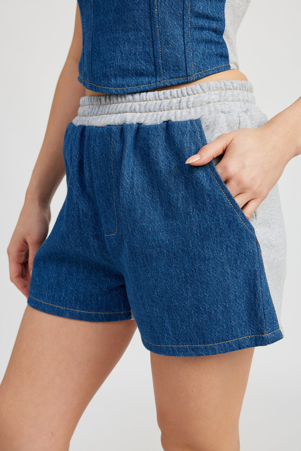Denim Blue Mixed Media High Waist Shorts