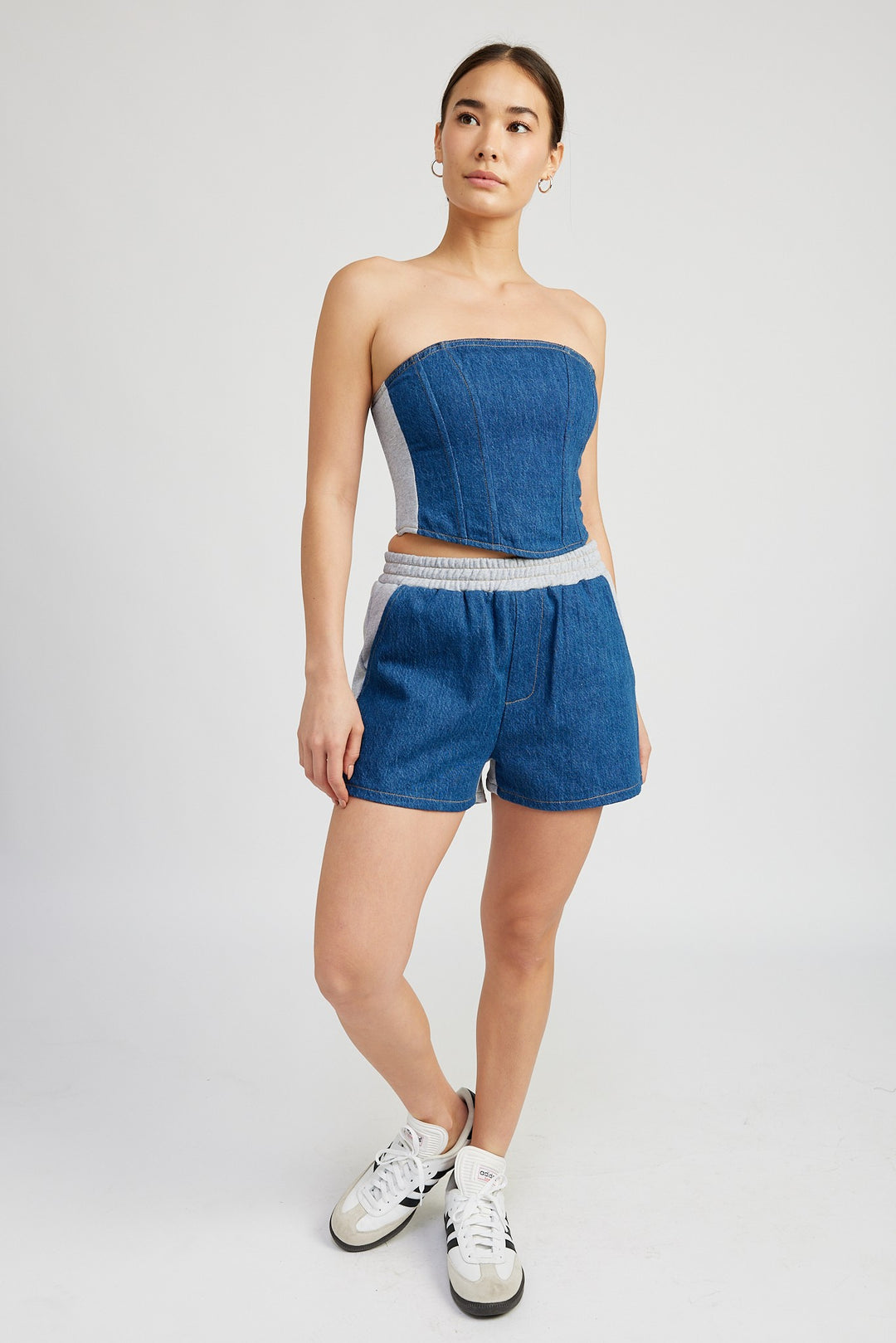 Denim Blue Mixed Media High Waist Shorts