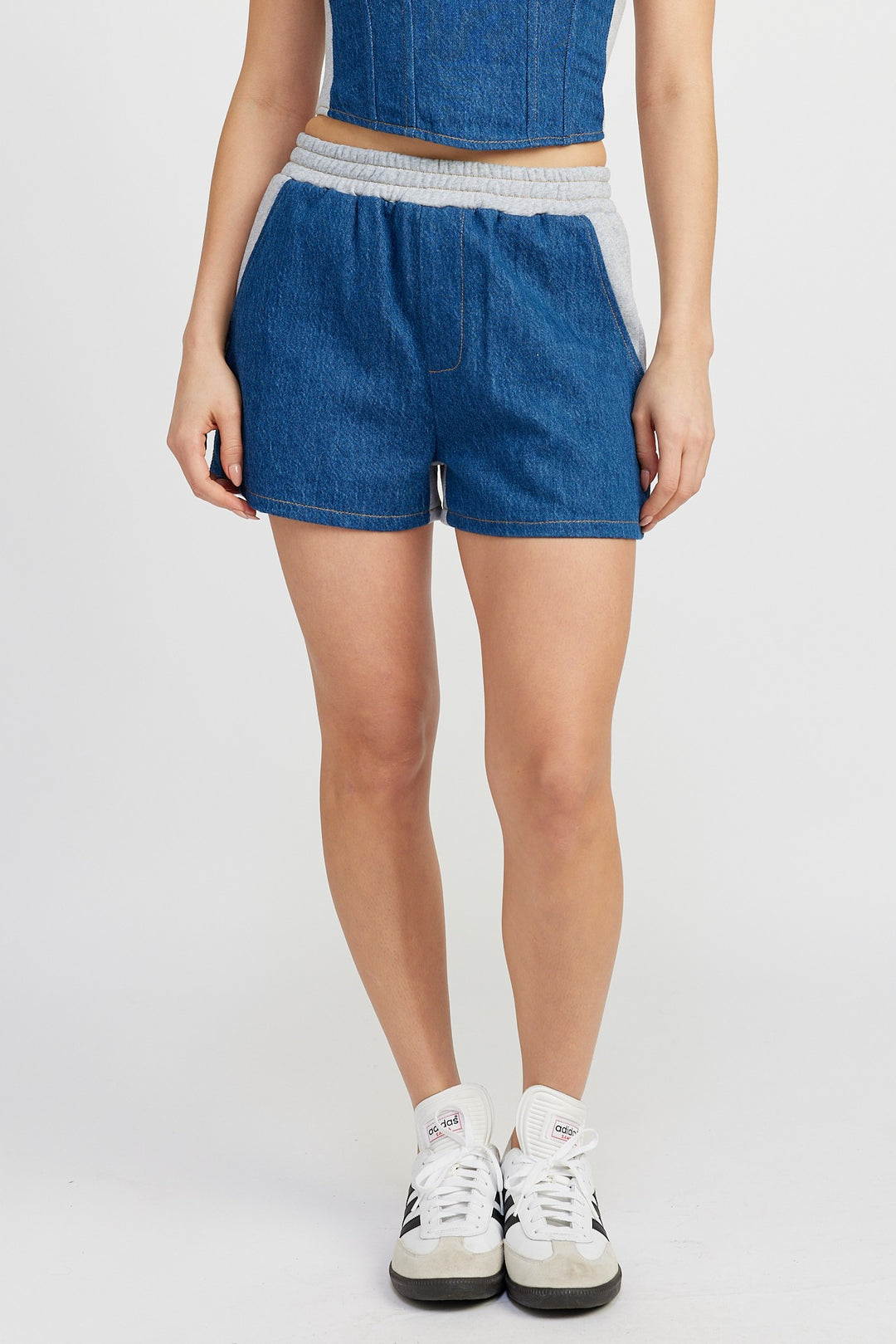 Denim Blue Mixed Media High Waist Shorts