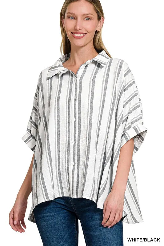 White/Black Zenana Woven Yarn Dye Stripe Oversized Button Down Shirt 1