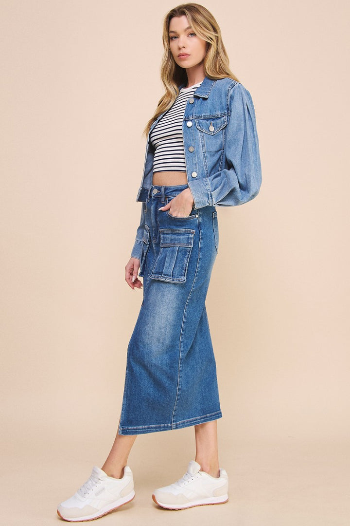 Denim Blue Front Slit Cargo Skirt