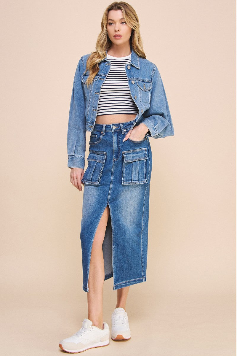 Denim Blue Front Slit Cargo Skirt