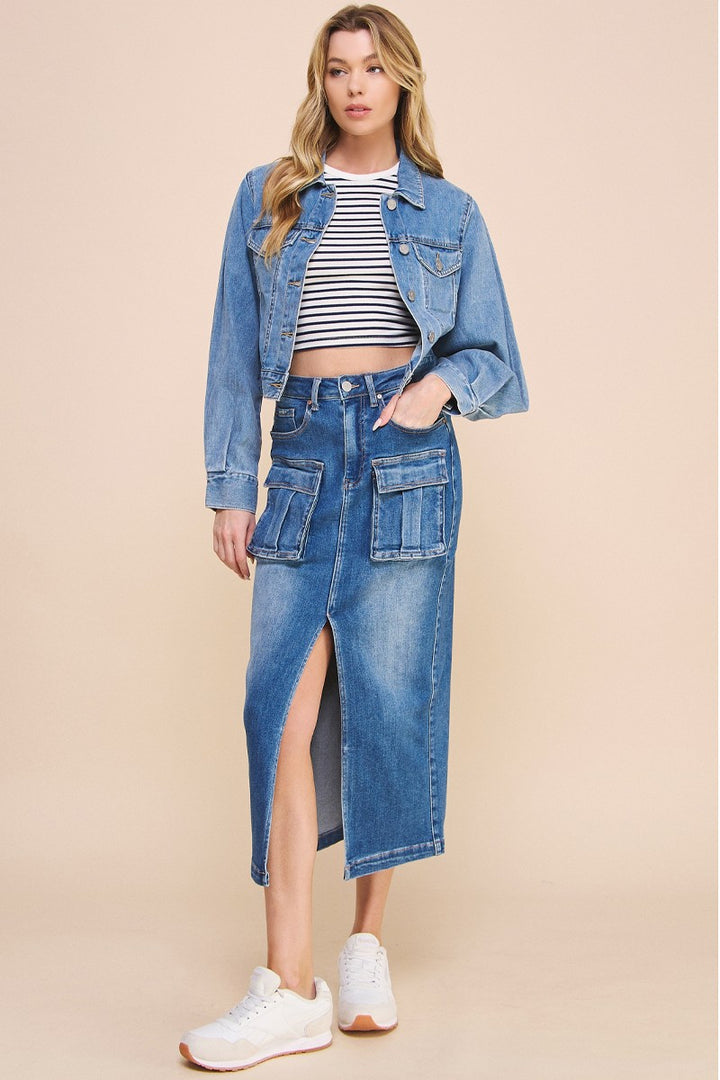 Denim Blue Front Slit Cargo Skirt
