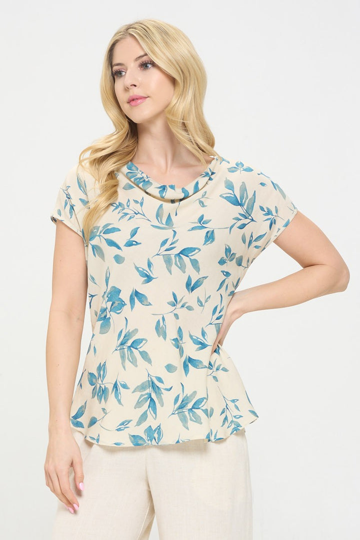 Denim Blue Made In Usa Print Linen Top With Cowl Neck
