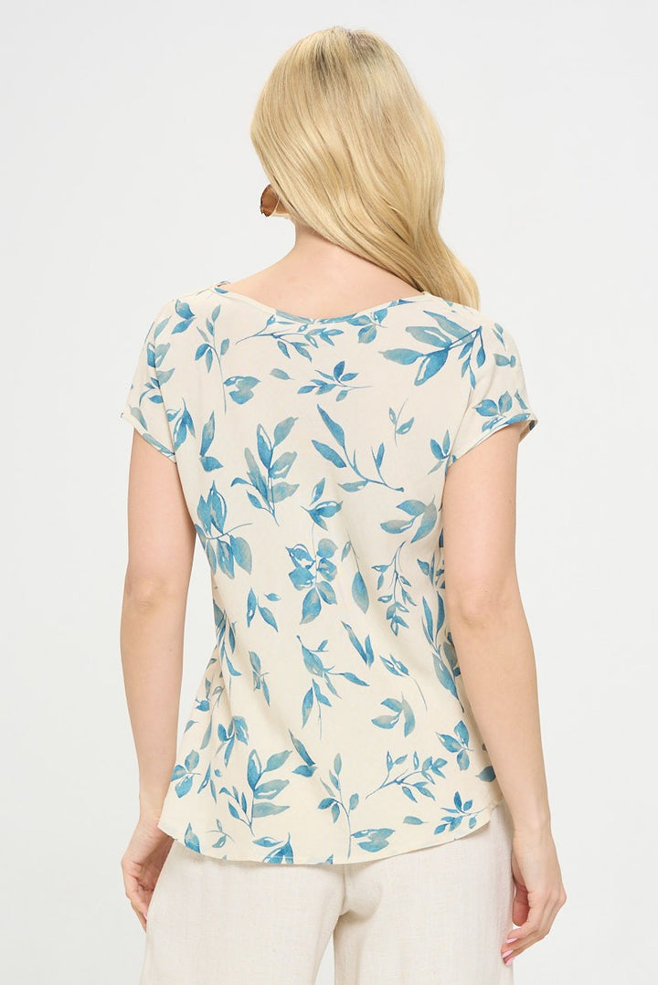 Made In Usa Print Linen Top With Cowl Neck