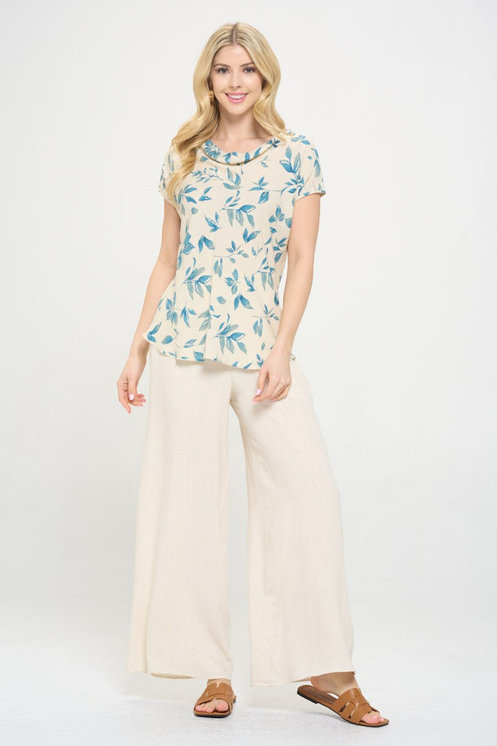 Denim Blue Made In Usa Print Linen Top With Cowl Neck