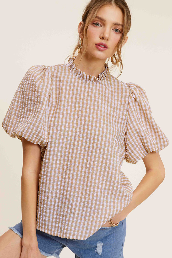 Peach Gingham Check Print Puff Sleeve Top
