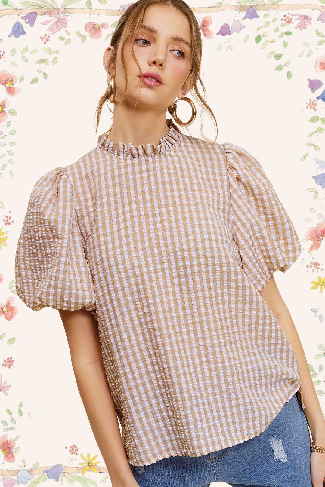 Latte Gingham Check Print Puff Sleeve Top