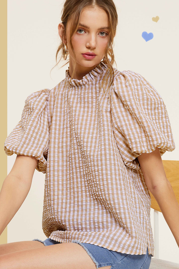 Peach Gingham Check Print Puff Sleeve Top