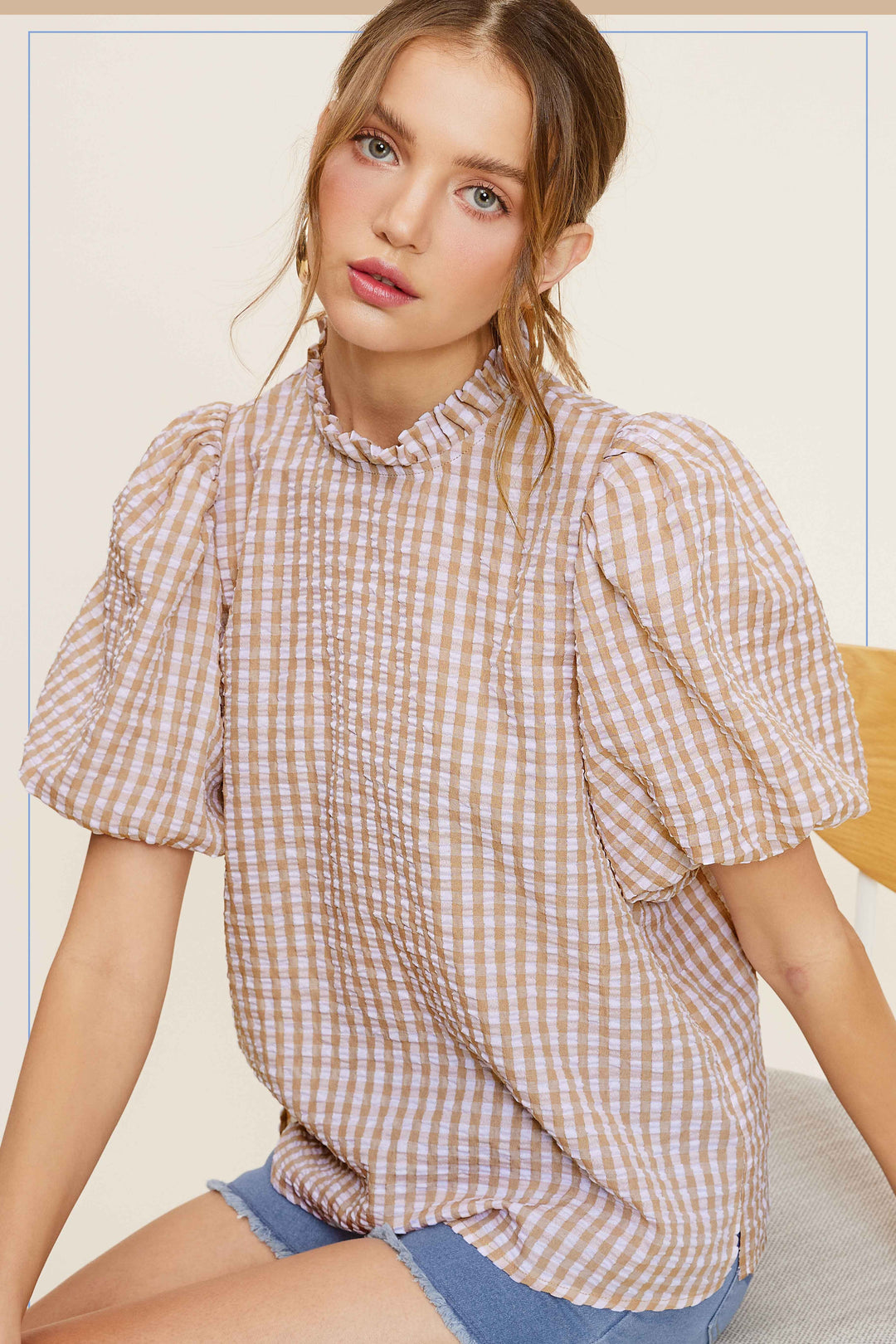 Latte Gingham Check Print Puff Sleeve Top