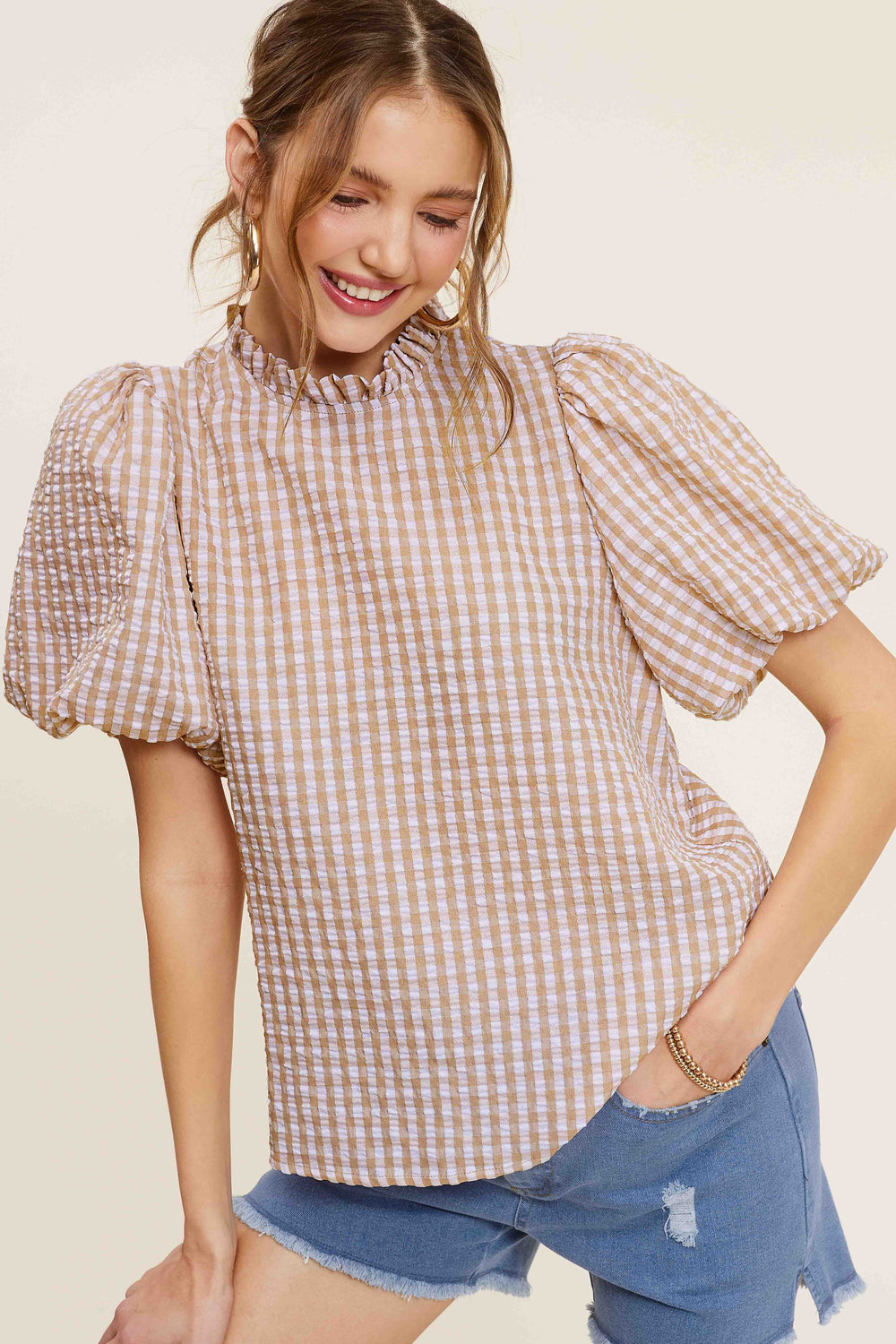 Latte Gingham Check Print Puff Sleeve Top