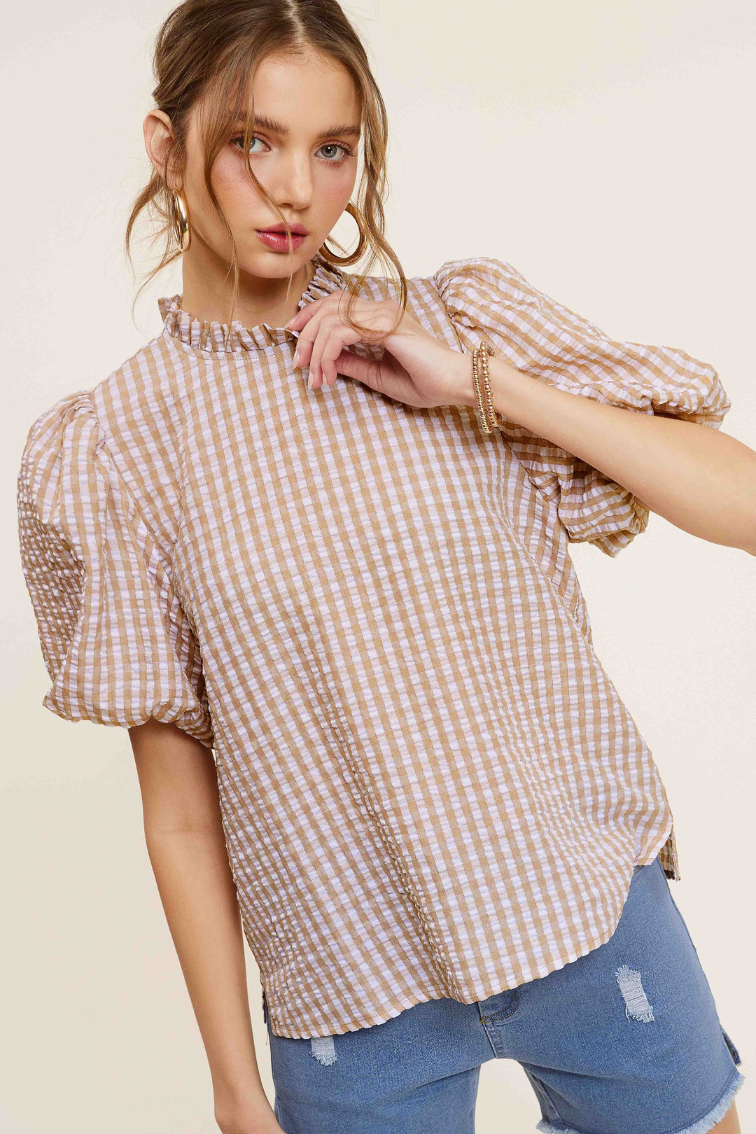 Peach Gingham Check Print Puff Sleeve Top