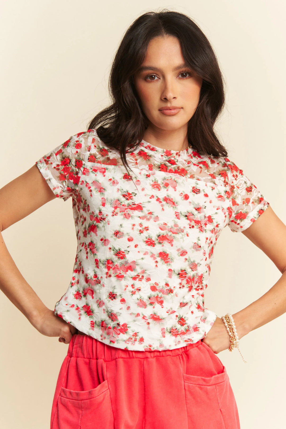White Multi Davi Dani Ribbon Short Sleeve Layered Mesh Top