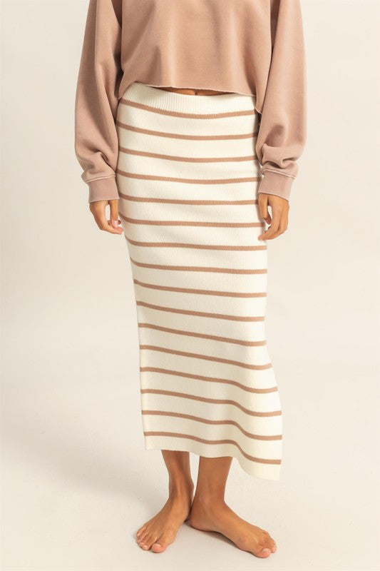 Tan Hyfve Side Slit Striped Bodycon Sweater Skirt 1