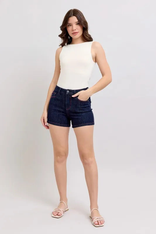 Judy Blue High Waist Heart Shaped Pkts Red Contrast Thread Denim Shorts