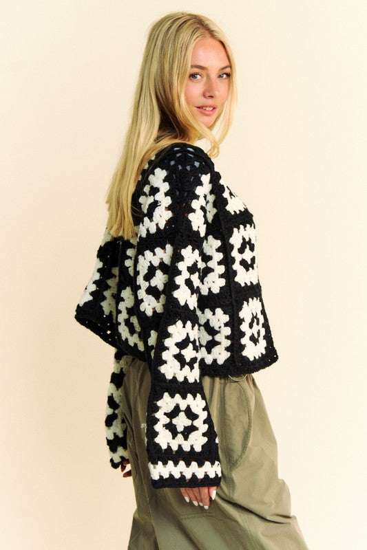 WHITE BLACK Davi Dani Full Size Two Tone Flower Square Crochet Open Front Cardigan
