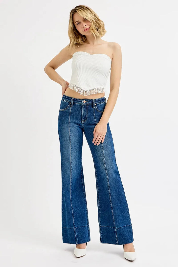 Dark Risen Full Size Tummy Control Mid Rise Ankle Wide Flare Jeans Plus Size