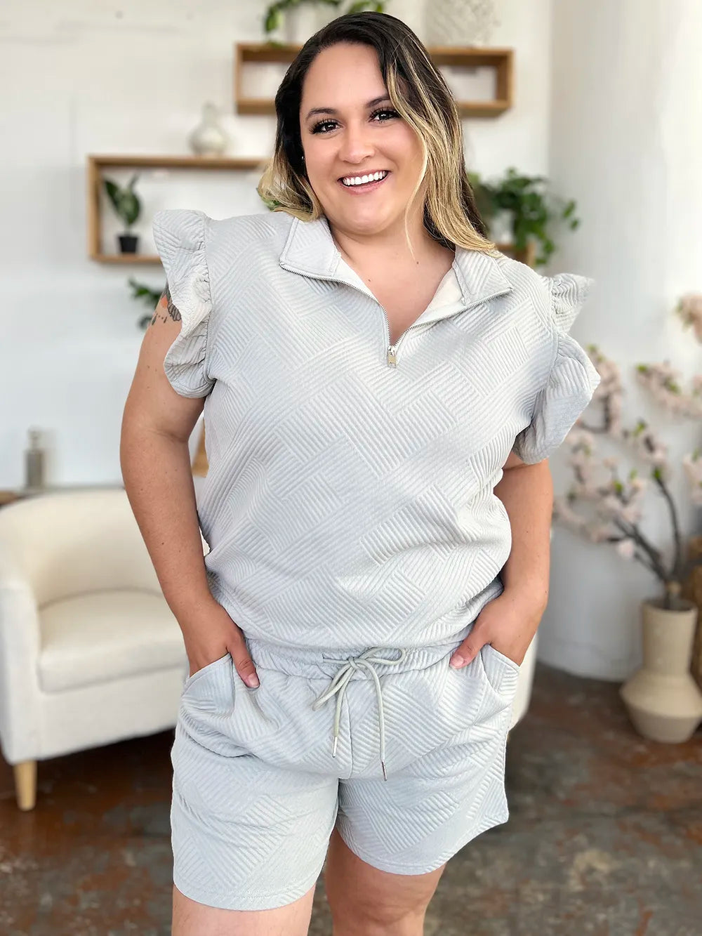 Light Gray Double Take Full Size Texture Flounce Sleeve Top And Drawstring Shorts Set 1