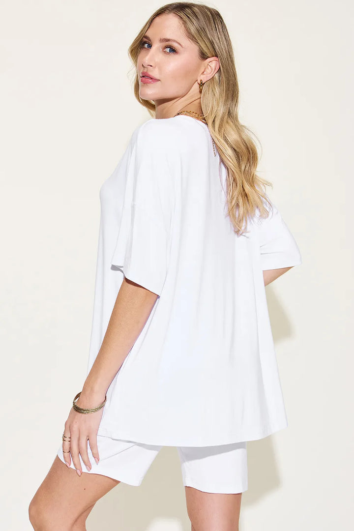 White Basic Bae Full Size V Neck Drop Shoulder T Shirt And Shorts Set
