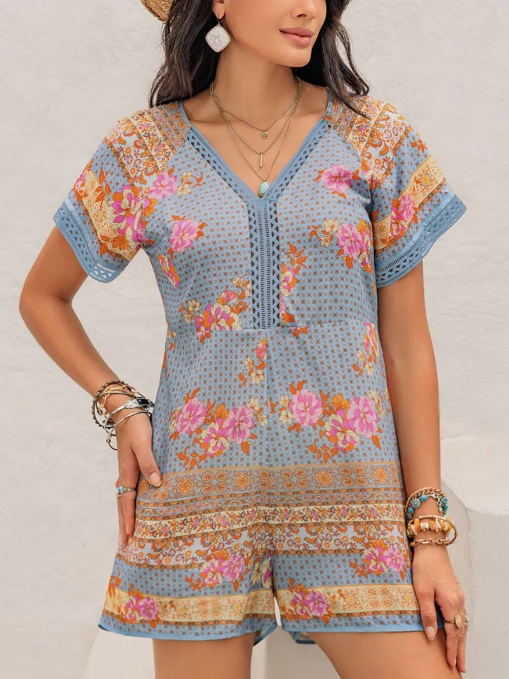 Light Blue Printed V Neck Short Sleeve Romper