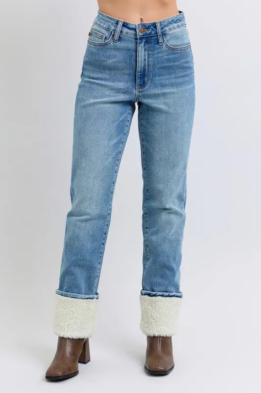 Md Judy Blue Full Size High Waist Shearling Cuff Straight Plus Size
