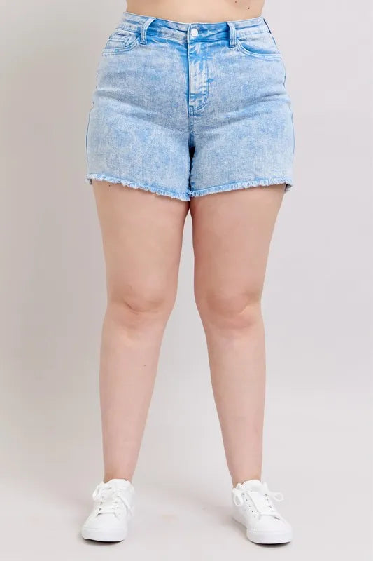 Cyan Judy Blue Plus Size Mid Rise Garment Dyed Denim Shorts