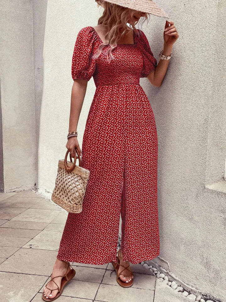 Rust Printed Square Neck Puff Sleeve Jumpsuit 1