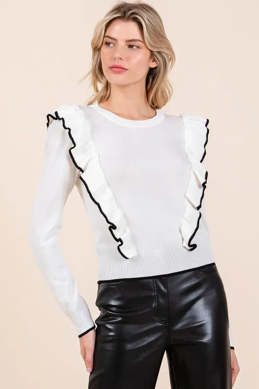 Mittoshop Contrast Trim Ruffled Round Neck Knit Top