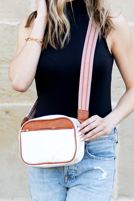 White/Cognac Everly Vegan Leather Camera Crossbody | Anekay
