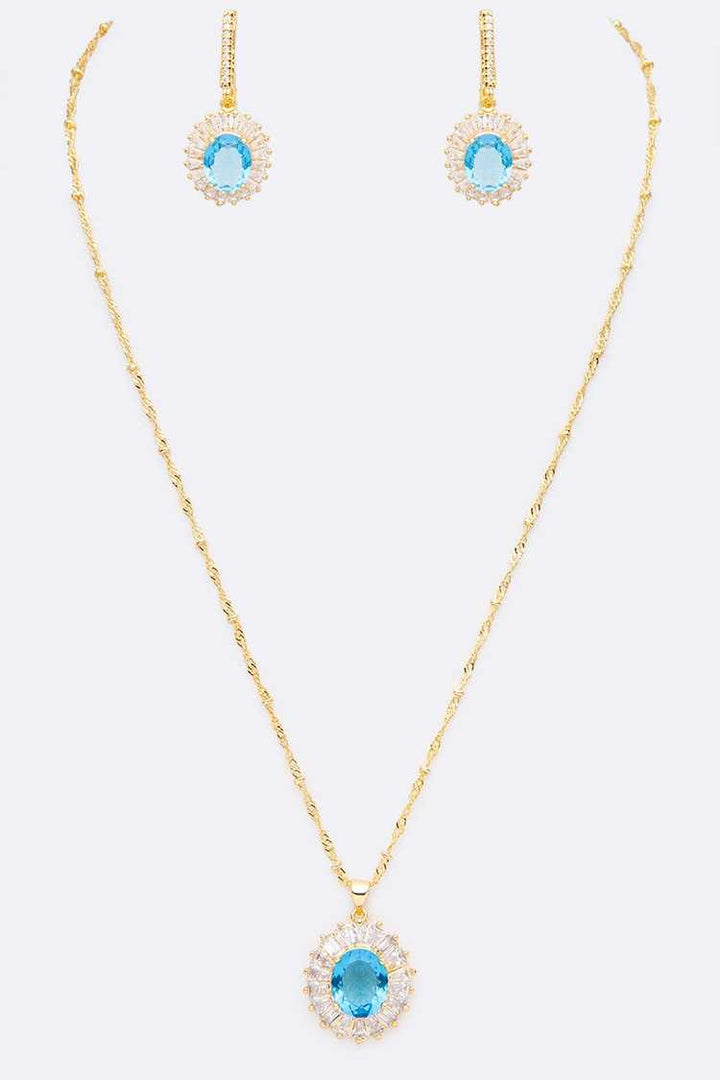 Aquamarine CZ Pendant Necklace Set