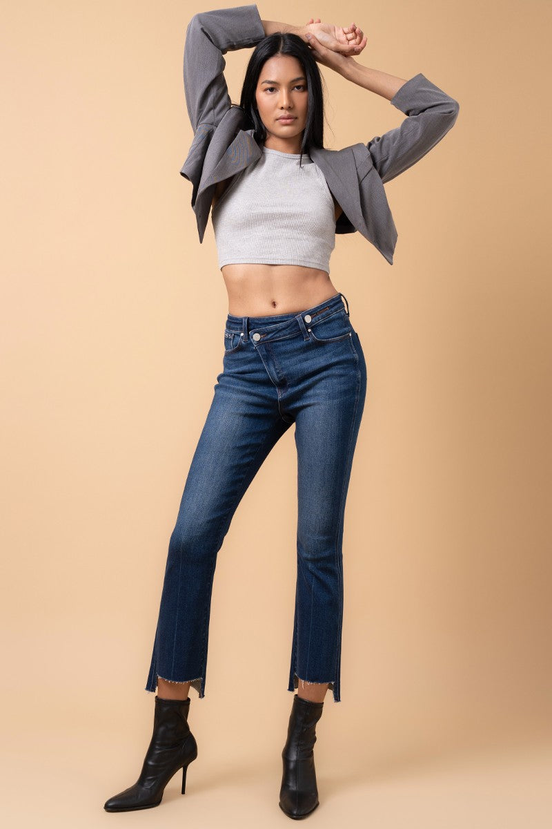 Dark Denim Crossover Step Hem Crop Boot