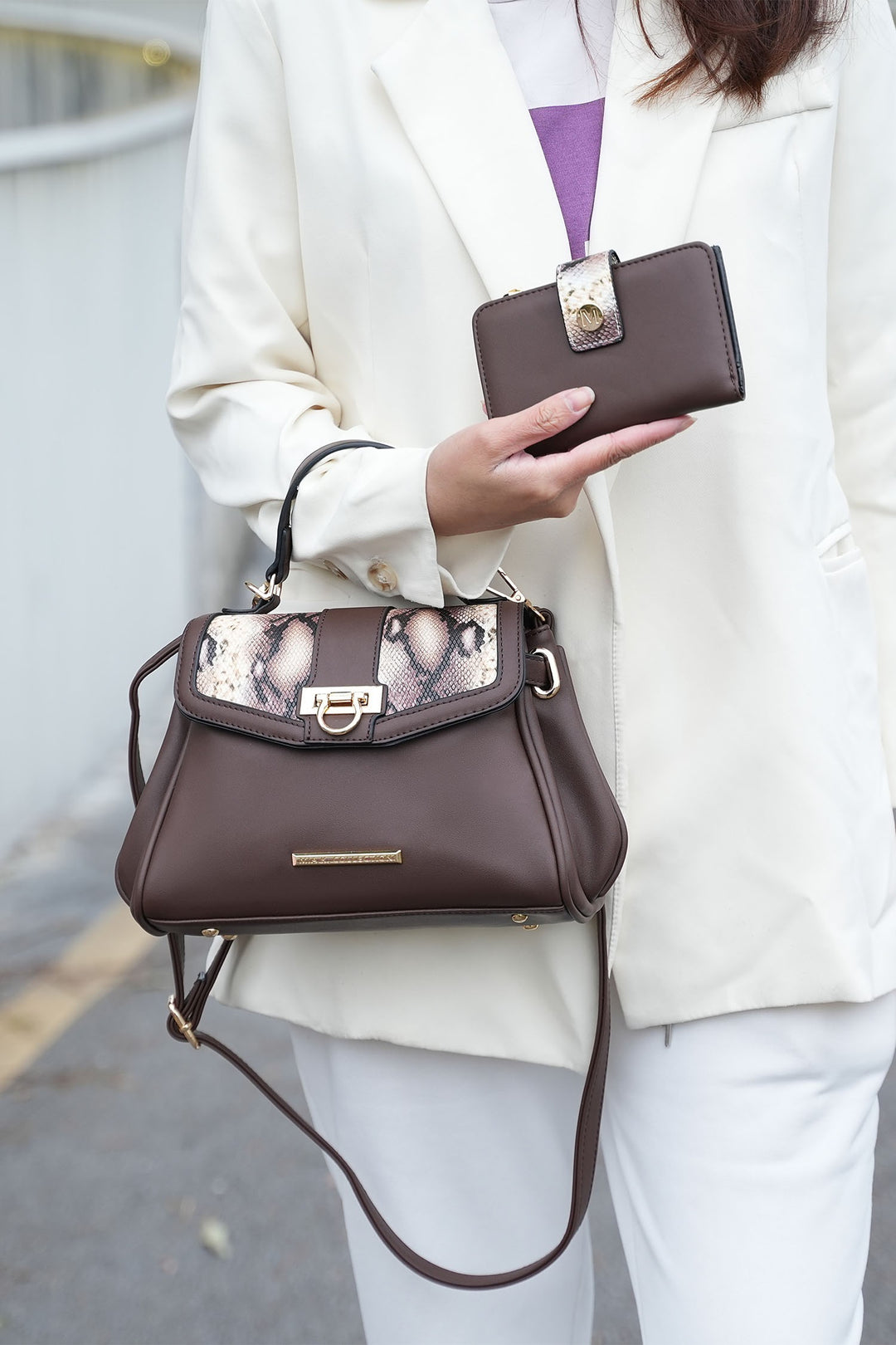 Beige Mkf Geny Faux Snake Shoulder Bag With Wallet Mia K