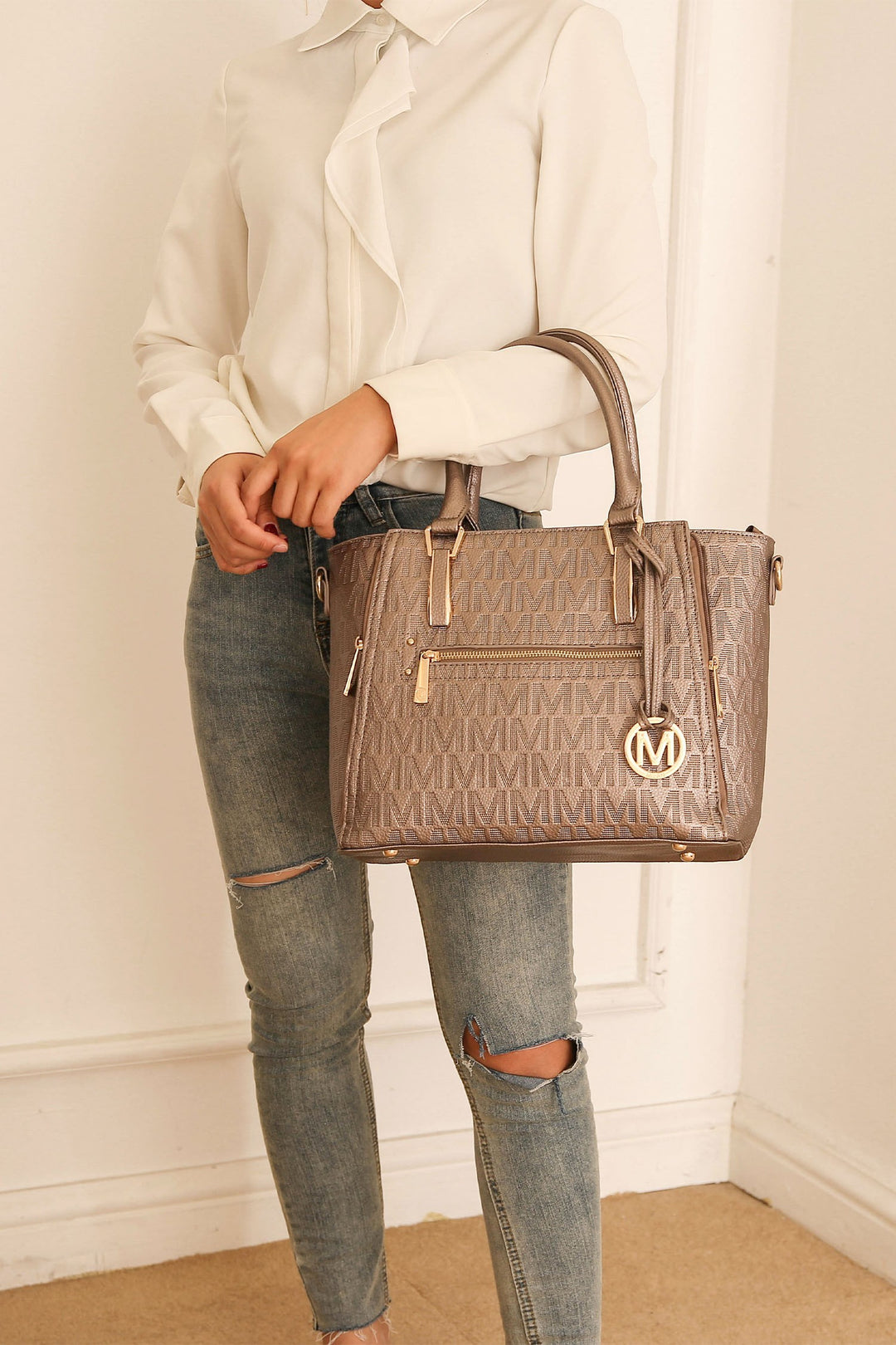 Beige Mkf Cairo M Signature Satchel Bag By Mia K