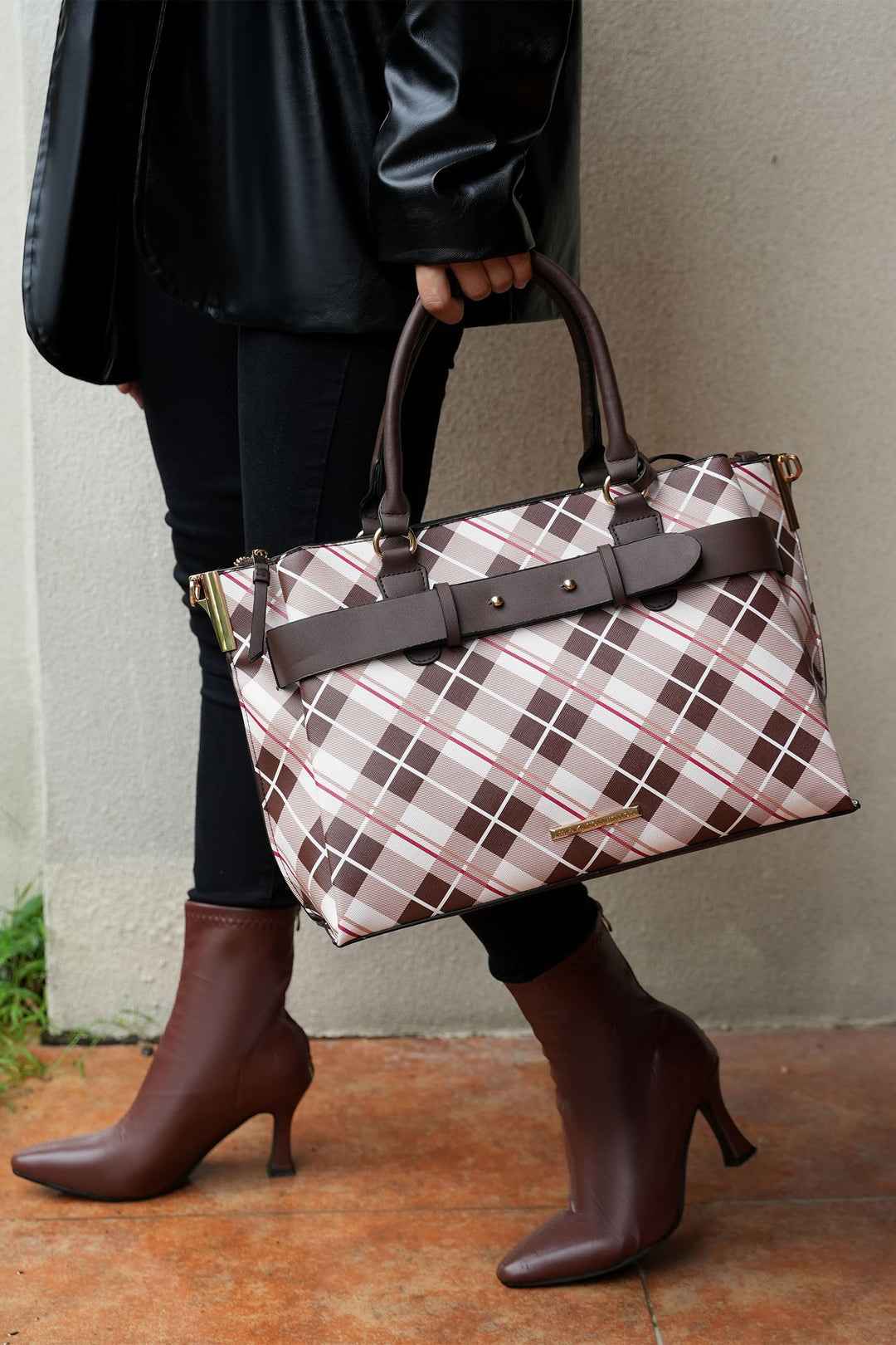 Black Mkf Collection Vivian Plaid Satchel Bag By Mia K