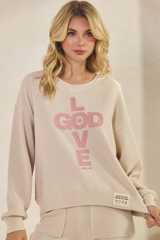 Khaki Womens God Is Love Corduroy Graphic Sweatshirt 1