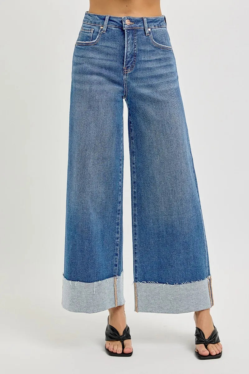 Medium Risen Full Size Tummy Control High Rise Crop Wide Cuffed Jeans Plus Size