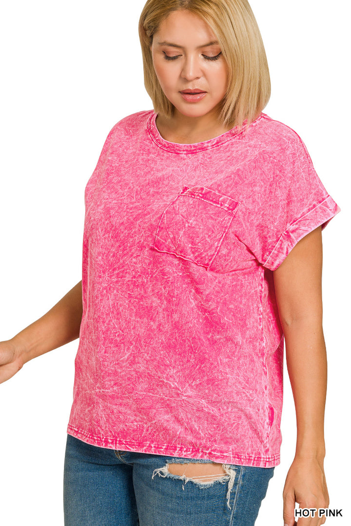 Hot Pink Zenana Full Size Crinkle Washed Round Neck Folded Short Sleeve Tee Plus Size