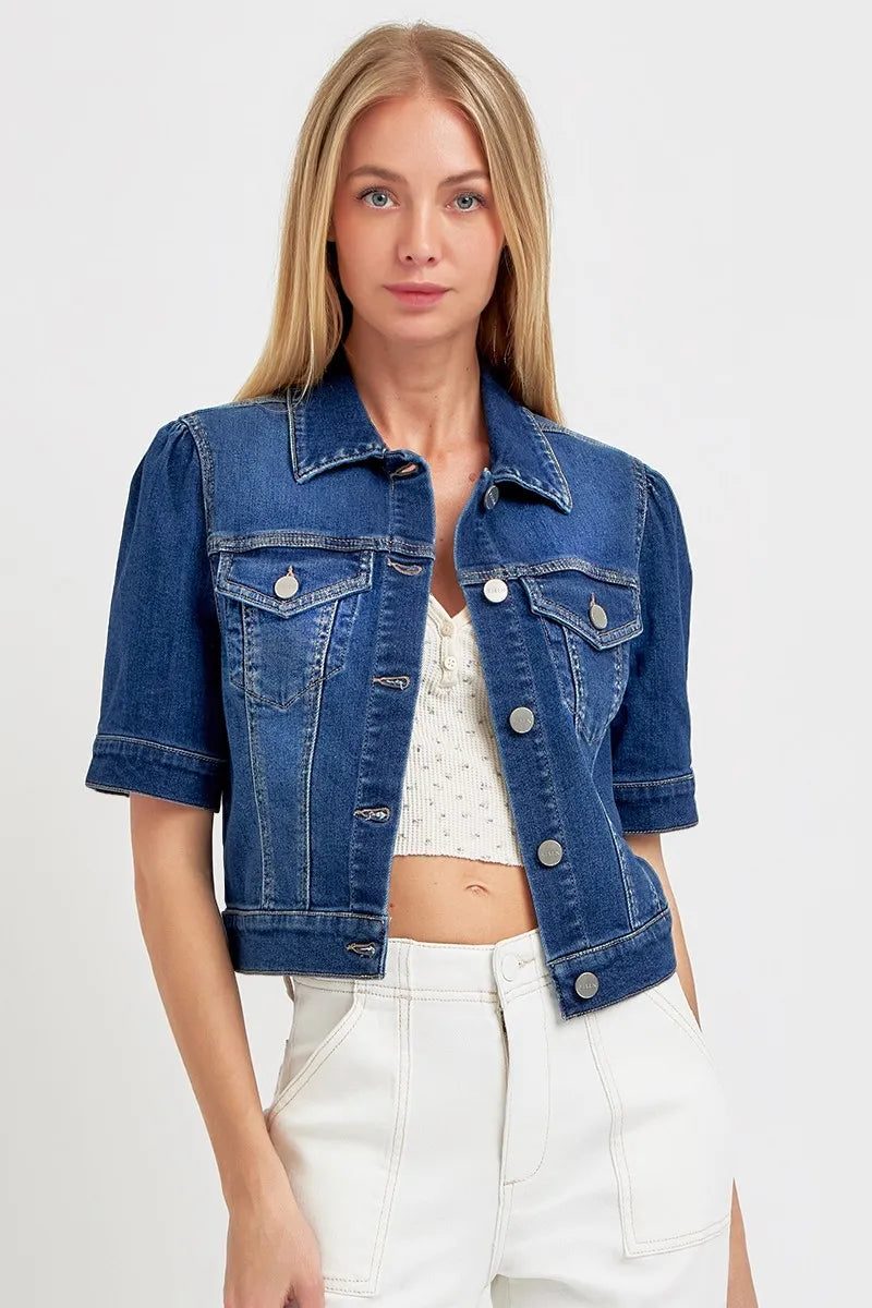 Dark Risen Puffed Short Sleeve Crop Denim Jackets