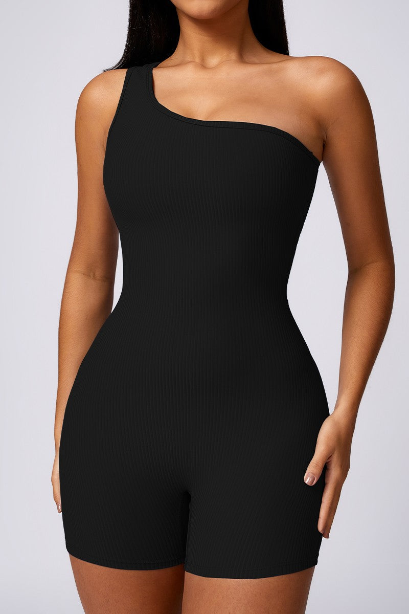Black Oblique One Shoulder Exercise Fitness Bodysuits