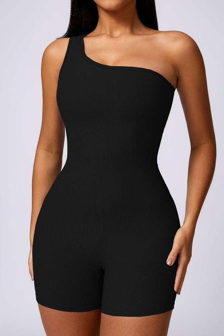 Black Oblique One Shoulder Exercise Fitness Bodysuits